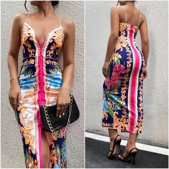 Luxe Floral Print Sexy Evening Bodycon Dress - Picture 7 of 9